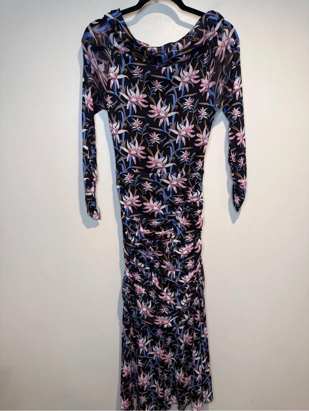Floral Ruched Long Sleeve Maxi Dress - Black with Pink & Blue